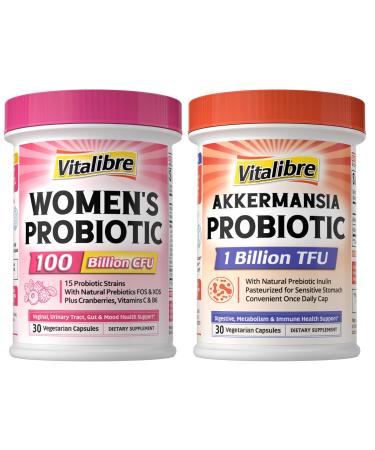 Vitalibre Probiotics for Women 100 Billion CFU 15 Strains 30 Capsules & Akkermansia Muciniphila Probiotic 1 Billion TFU 30 Capsules