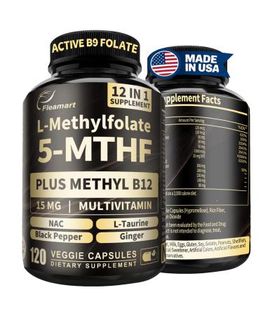 L Methylfolate 15mg Plus Methyl B12 - Methylated Vitamin B9 (5-MTHF) Supplement for Brain Health Mood & Energy- High Absorption 12-IN-1 Methyl Folate - Third-Party Tested (120 Vegan Capsules) Unflavored 120 Count (Pack of 1)