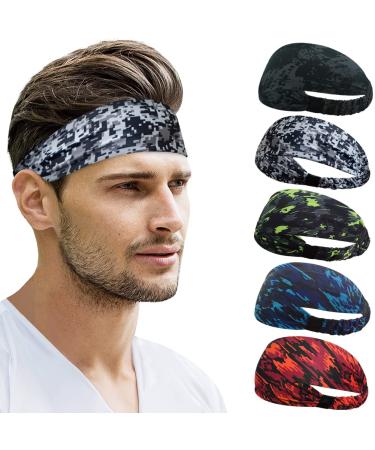 Beister Sports Headbands for Men Women (5 Pack) Moisture Wicking Sweat Band Elastic Wide Hair Bands Workout Sweatband Athletic Mens Headband for Running Cycling Basketball Gym Exercise Football Doodle Grey + Black and White + Sketch Green + Sketch Blue + 
