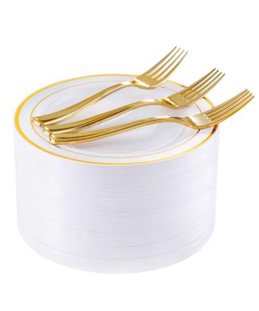 I00000 72 Pieces Gold Dessert Plates 7.5" with 72 Pieces Gold Plastic Forks 7.4", Heavyweight White with Gold Rim Plastic Plates, Salad Plates and Appetizer Plates for Parties ,Wedding & Party White Gold