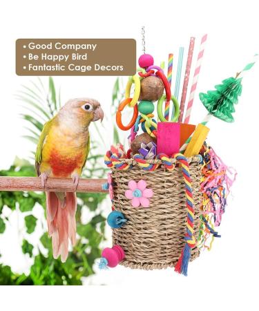 YIXUND Seagrass Foraging Basket Bird Toy with Colorful Crinkly Paper and Wooden Blocks - Ideal for Small & Medium Parrots - DIY Honeycomb Tree Design - Buy Online on GoSupps.com