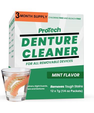 Protech Denture Cleaner 7g (3-Month Supply) Denture Cleanser Foils for Retainers, Nightguards, Mouthguards, and Dentures, Nicotine, Coffee and Iron Cleaning Foils, No Tablets, Long Lasting Packets 12 Pack