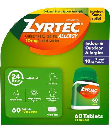 Zyrtec 24 Hour Allergy Relief Tablets 10 mg Cetirizine HCl Antihistamine Medicine 60 Count - Buy Online on GoSupps.com