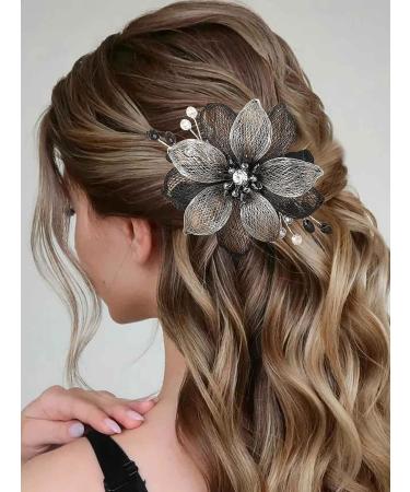 Campsis Flower Bridal Hair Barrette with Black Rhinestones - Handmade Crystal Hair Clip for Wedding, Prom, Bridesmaids - Buy Online on GoSupps.com