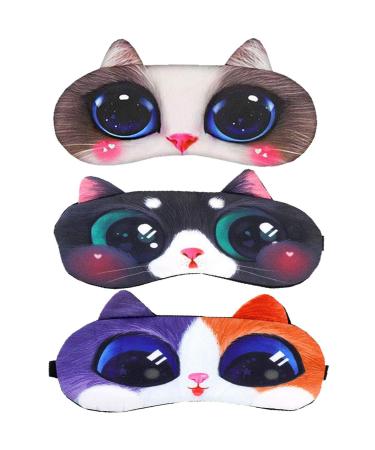 HappyDaily Beautiful and Comfortable Sleep Masks - Set of 3 (Cute Cat - White/Black/Colourful)