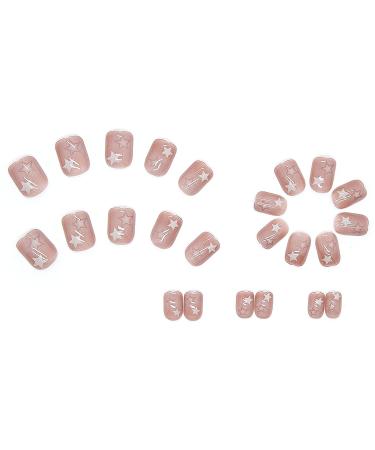 Mervf Nude Squoval Press-on Nails - 24pcs Short Fake Acrylic Nails with Star Design for Women | Glossy Finish | Easy to Apply - Buy Online on GoSupps.com