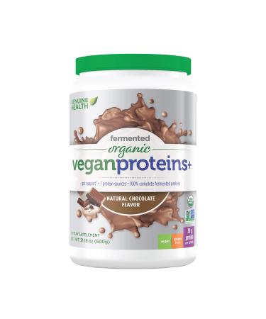 Genuine Health Fermented Organic Vegan Proteins+, Natural Chocolate Protein Powder, 20g Protein, 21.16 oz tub, 20 Servings 20 Serving (Pack of 1) Natural Chocolate