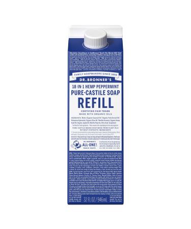 Dr. Bronner's Pure-Castile Liquid Soap Refill - Made with Regenerative Organic Certified Oils 82% Less Plastic - 18-in-1 Uses for Face Body Wash Hand Soap Refill & More - Peppermint 32oz