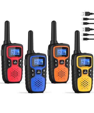 Walkie Talkies for Adults Long Range-Wishouse Rechargeable Portable 2 Way Radios Hiking Accessories Camping Gear Toys for Kids with Lamp SOS Siren NOAA Weather Alert VOX Easy to Use Walky Talky 4 Pack Red Blue Orange Yellow