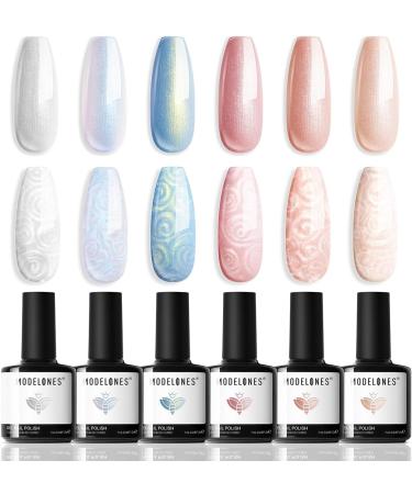 Modelones Pearl Gel Nail Polish 6 Colors Aurora Iridescent Shimmer White Silver Red Blue Mermaid Nail Drawing Gel Polish Soak Off Summer Gel Polish Swirl Shell Thread Effect DIY Manicure