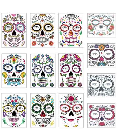 COKOHAPPY Halloween Temporary Face Tattoos Makeup Kit (13 Pack), Day of the Dead Sugar Skull Floral Black Skeleton Web Red Roses Full Face Mask Stickers Tattoo Families Party Supplies