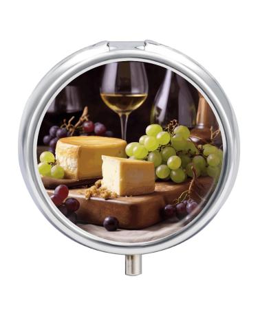 Round Pill Box White Wine Cheese Cake Grapes Print 3 Compartment Medicine Pill Case Print Pill Organizer Decorative Metal Portable Pill Box Pocket Pill Box Style-5