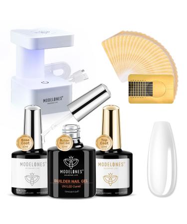Modelones Builder Nail Gel Kit 8-in-one Clear Builder Gel with Mini LED Nail Lamp& Nail Forms Set Gel Top Coat Base Coat Hard Gel Builder for Nails Extension Strengthener Base Gel in a Bottle Clear Builder Gel Nail Kit