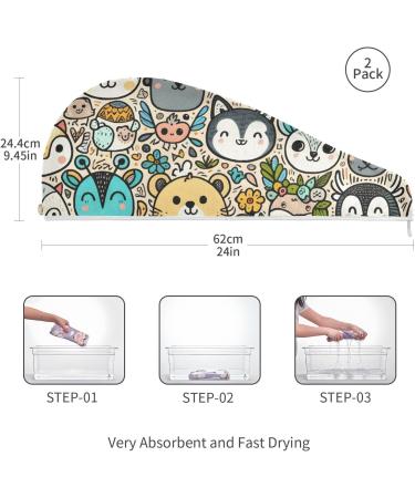 Cute Animal Faces Hair Towel 2 Pack - Super Absorbent Quick Dry Hair Turbans for Women & Girls - Button Twisty Wrap - Buy Online on GoSupps.com