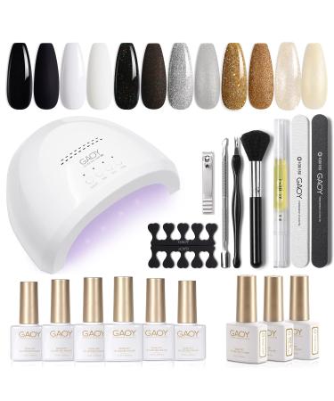 GAOY Gel Nail Polish Kit with UV Light Fast Curing LED Nail Lamp and 6 Gel Polish Colors of Black White Glitter Including Manicure Tools Top/Matte/Base Coat Nail Art Gel Nail Kit Glitter Obsidian 17 Piece Set
