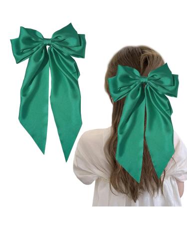 Hair Bow Big Hair Bows for Women Solid Color Bow Hair Clips with Long Ribbon French Barrette Clip Soft Satin Silky Hair Bows Cute Gifts for Women Girls (Green)