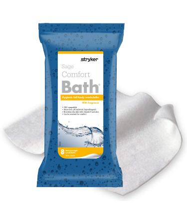 Stryker - Sage Comfort Bath Cleansing Washcloths - 1 Package, 8 Cloths - Fresh Scent, No-Rinse Bathing Wipes, Ultra-Soft and Heavy Weight Cloth, Hypoallergenic