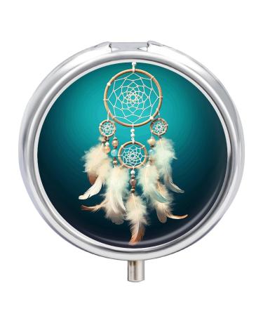 Round Pill Box White Dream Catcher Feather Print 3 Compartment Medicine Pill Case Print Pill Organizer Decorative Metal Portable Pill Box Pocket Pill Box Style-39