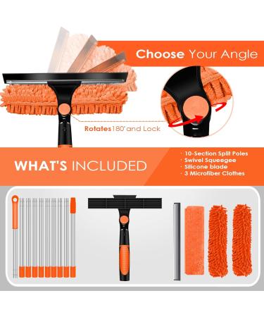 Mokasi Window Cleaning Squeegee Kit: 20+ Feet Reach 2 in 1 Window Washing Squeegee & Duster with 3 to 14 ft Spliceable Extension Pole - Window Cleaner Tool for Home Indoor Outdoor High Glass Washing Orange - Buy Online on GoSupps.com