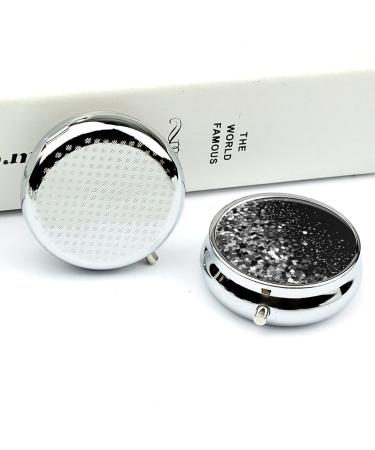 Round Black & White Glitter Pill Box - 3 Compartment Metal Organizer | Portable Decorative Medicine Case - Buy Online on GoSupps.com