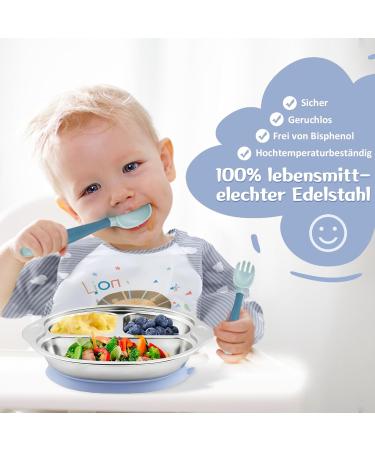 Esoes Children's Tableware Set - 4-Piece Stainless Steel Baby Plates with Suction Cups Silicone Spoon & Fork Ideal for Toddlers - Non-Slip Design (25x20x4cm) - Buy Online on GoSupps.com