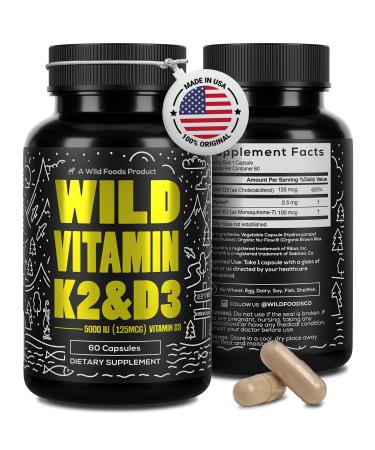 Wild Foods 5000iu Vitamin D3 + K2 | (100mcg Mk7) with Black Pepper Extract, Plant-Based, Non-GMO, Soy & Gluten-Free | Dietary Supplement | Made in USA | 60 Capsules 60 Count (Pack of 1)