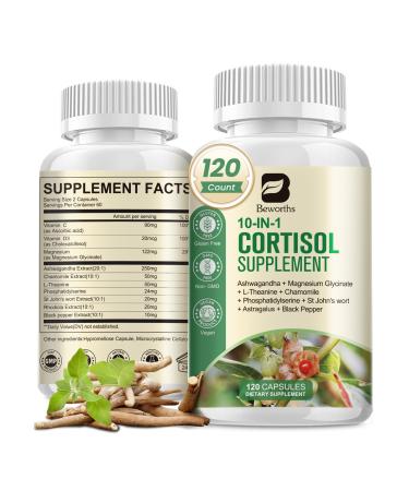 Cortisol Supplements for Women Men 10-in-1 Cortisol Detox with Ashwagandha Magnesium L-Theanine Balanced Cortisol Levels Night & Calm Support 120 Vegan Capsules 120 Count (Pack of 1)