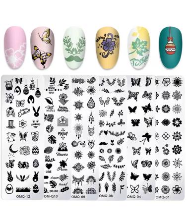 Faiteary 6Pcs Nail Stamping Plates, Nail Stamp Template Set with Butterfly Leaves Flowers Animals Letters and Geometric Pattern for DIY Nail Art Decoration