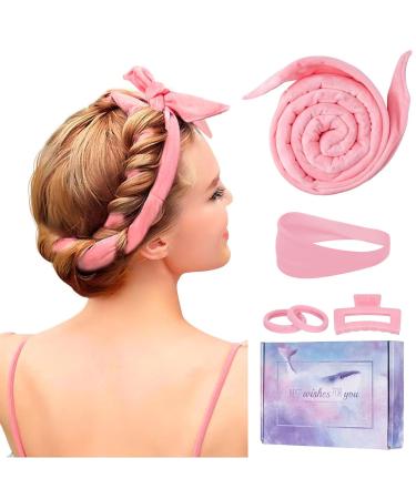 Lock winders curl up without heat improved 60 "Extra -long Heatless Curls Band curlers without heat overnight diy hair curler set hair band wave formers for medium long hair (pink) pink with forehead strap
