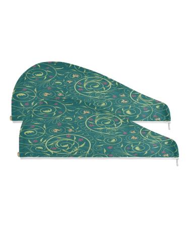 Green Wildflowers Leaf Dry Hair Cap 2 Piece Quick Drying Towel Set with Button Headband Super Absorbent Soft & Comfortable