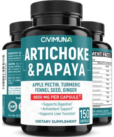 (5 Months Supply) Artichoke Capsules 6650mg - 150 Capsules - Artichoke Papaya Apple Pectin - 150 Count (Pack of 1)