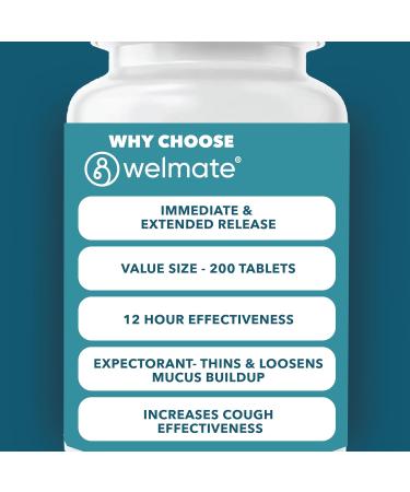 WELMATE Mucus Relief Guaifenesin 600mg Extended-Release Tablets - 200 Ct - 12 Hr Support for Cough, Nasal & Chest Congestion, Infections, Colds, Allergies - Expectorant for Temporary Relief - Buy Online on GoSupps.com