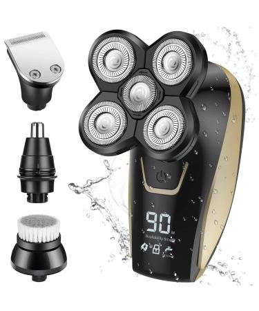 Electric Shavers for Men, 4 in 1 Bald Head Shaver with LED, Rechargeable Wet & Dry Electric Razor with Clipper, Nose Trimmer, Facial Brushes Electric Razor for Men Grooming Kit - Type-C Charge Black Gold