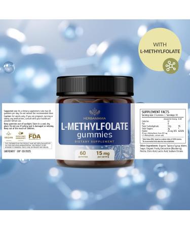HERBAMAMA L-Methylfolate Gummies - 15mg 5-MTHF Calming Supplement for Adults - Vegan Non-GMO Methylated Folate (Vitamin B9) for Brain Support - 60 Pectin-Based Blueberry-Flavored Chews 60 Count (Pack of 1) - Buy Online on GoSupps.com