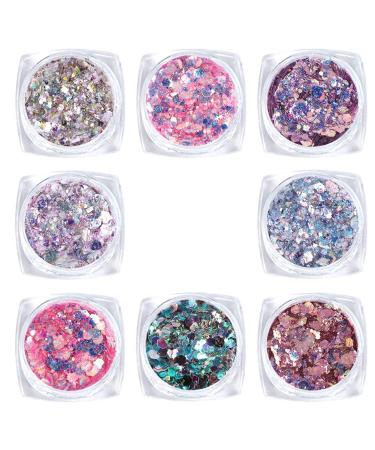 Laza 8 Colors Holographic Chunky Glitter Mixed Fine Glitter Iridescent Mermaid Sparkle Craft Dust Powder Tips for Acrylic Nails Polish DIY Resin Decoration Women Girls - Pink Purple