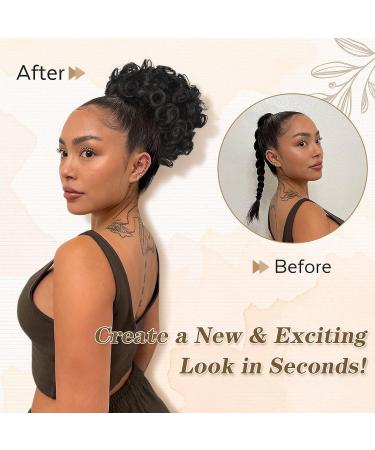 Matthia Large Curly Messy Bun | Drawstring Ponytail for Black Women | Synthetic Salt and Pepper Hair Bun Extension | Curly Updo Hair Piece | Daily Use | T1B/Gray - Buy Online on GoSupps.com