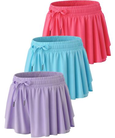 3 Pack Girls Flowy Shorts with Spandex Liner - 2-in-1 Butterfly Skirts for Youth Fitness and Sports - Size 4 Small - Buy Online on GoSupps.com