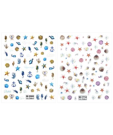2 Sheets 5D Embossed Nail Stickers Seashell Starfish Nail Stickers Ocean Summer Beach Nail Charms Self-Adhesive Nail Art Decal DIY Nail Design Manicure Decorations for Women Girls