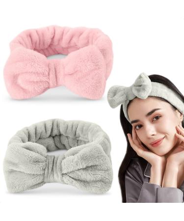 2Pcs Bow Headbands for Women - Makeup Headband for Washing Face Bowknot Headbands for Girls - Cute Cosmetic Headband Shower Hair Bands for Women's Hair Spa Headbands for Women Sports  Gym (Pink  Gray)