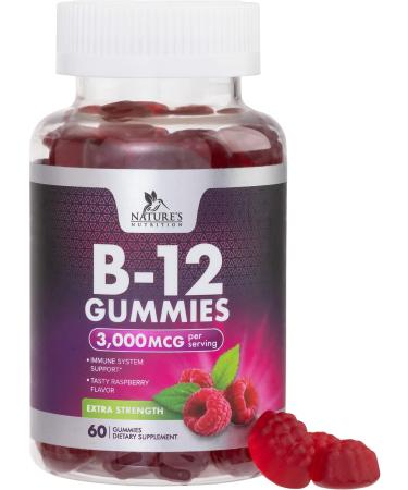 B12 Energy Gummies 3000 mcg - Extra Strength Vitamin B 12 Gummy for Metabolism & Immune System Support - Chewable Dietary B12 Supplements for Adults & Kids Caffeine Free Gummy Vitamin - 60 Gummies 60 Count (Pack of 1)