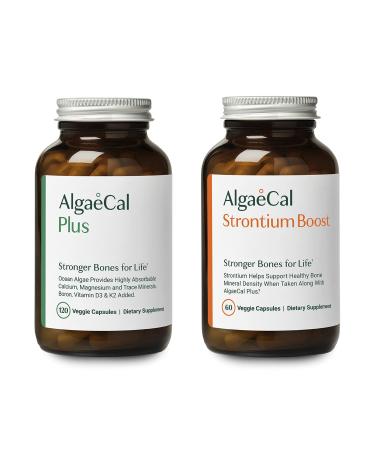 AlgaeCal - Bone Builder Pack for Density Increase, AlgaeCal Plus & Strontium Boost, Calcium Plant-Based Supplement with Vitamin D3, Magnesium & 13 Trace Minerals, Easy to Swallow Veggie Capsules 1 Month
