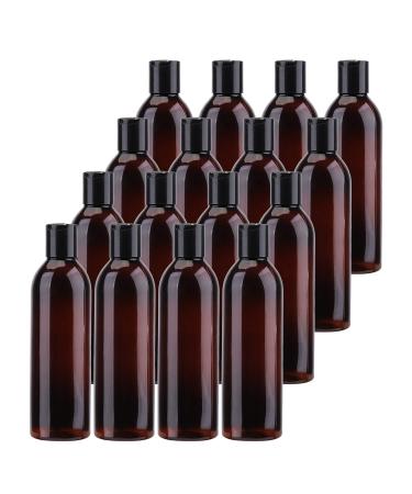 Bekith 16 Pack 8 ounce Amber Empty Plastic Bottles with Disc Top Flip Cap BPA-Free Refillable Containers For Shampoo, Lotions, Liquid Body Soap, Creams