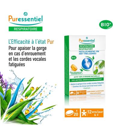 Puressentiel - Respiratoire - Pastilles Menthe Pin - A l'extrait d'Erysimum - Apaise la gorge et cordes vocales fatigu es - 20 pastilles (Lot de 2) Pack of 2 - Buy Online on GoSupps.com