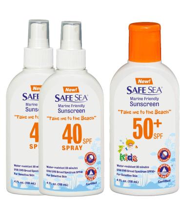 Safe Sea Anti-jellyfish Sting Protective Lotion- 2 SPF40 spray + 50 SPF kids- Hypoallergenic Jellyfish & Sea Lice Prevention Sunscreen (for Kids 2+1 40 spray & 50 SPF kids