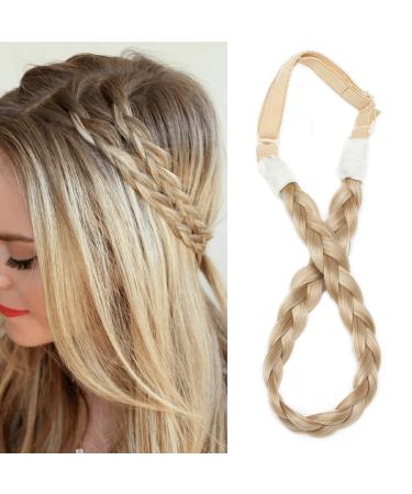 Silk-co women hair band 3 strands blond artificial hair braided headband elastic hair band for women and girls wedding vintage with hair tie hair part braids extensions 1.5cm wide 26/613 1.5cm wide blonde & honey blonde