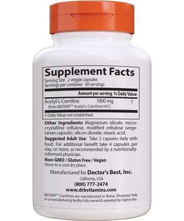 Buy Doctor's Best Acetyl-L-Carnitine 500mg - 120 Veggie Caps | Best Price & Quality - Buy Online on GoSupps.com