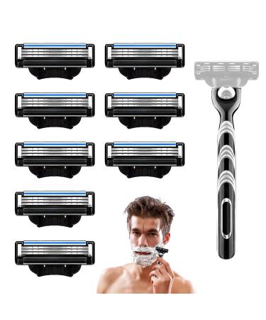 8Pcs Razor Blades Refills with 1 Handle Razors for Mach 3 Blades Replacement Blade with Double Lubrication Strip Compatible with Mach 3 Handles Shaving Manual Shaver Blade Men Father Boyfriend