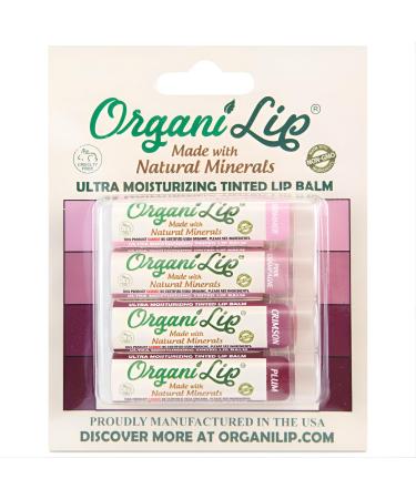 OrganiLip Tinted Lip Balm Moisturizer - Natural Moisturizer for Cracked & Dry Lips - All-Day Ultra Moisturizing Lip Care for Kids and Adults - Shimmer Pink Champagne Crimson Plum Colors - 4 Pack