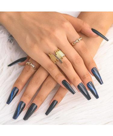 Sethexy Long Coffin False Nails - Sparkle Cat Eye Ballerina Acrylic Nail Tips (24pcs) for Women & Girls - Blue - Buy Online on GoSupps.com