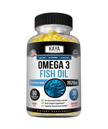 Kaya Naturals Omega 3 Supplement - Nature Made Omega 3 Fish Oil - 100% Pure Sea-Harvested Pelagic Fish Oil with No Fishy Aftertaste - 60 Count Softgels 60 Count (Pack of 1)